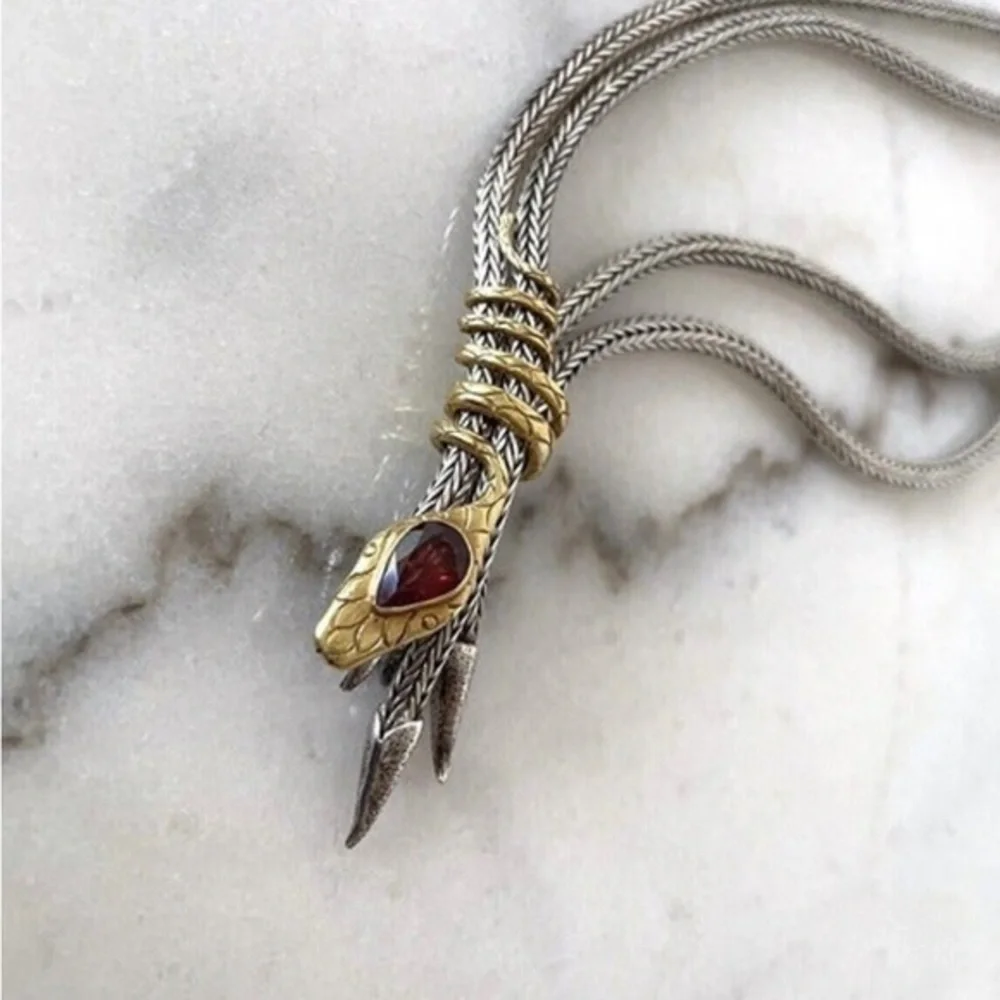 Handcrafted Bali Spiral Snake Necklace-Sterling Silver, Garnet & 22K Gold Accent